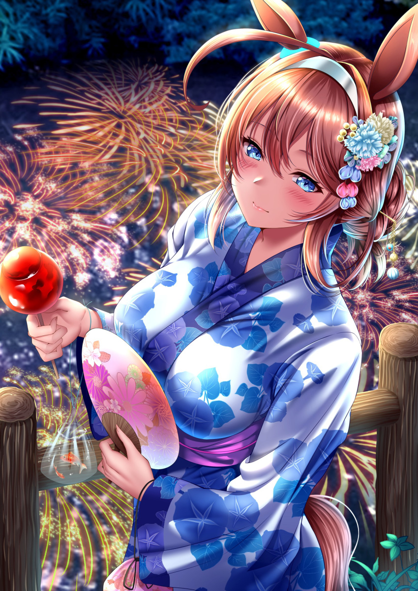 absurdres ahoge animal_ears bag bagged_fish blue_eyes blue_kimono blush breasts brown_hair bush candy_apple closed_mouth commentary constricted_pupils cowboy_shot curled_fingers female fence fireworks fish floral_print flower food forehead goldfish hair_between_eyes hair_flower hair_ornament hairband hairpin hand_fan highres holding horse_ears horse_girl horse_tail japanese_clothes kimono large_breasts long_sleeves medium_hair mihono_bourbon_(umamusume) morning_glory_print night outdoors parted_bangs pink_sash post_and_rail_fence pouch rairaisuruyo reflection reflective_water sash shadow sidelocks smile solo tail umamusume wavy_mouth wide_sleeves wooden_fence yukata