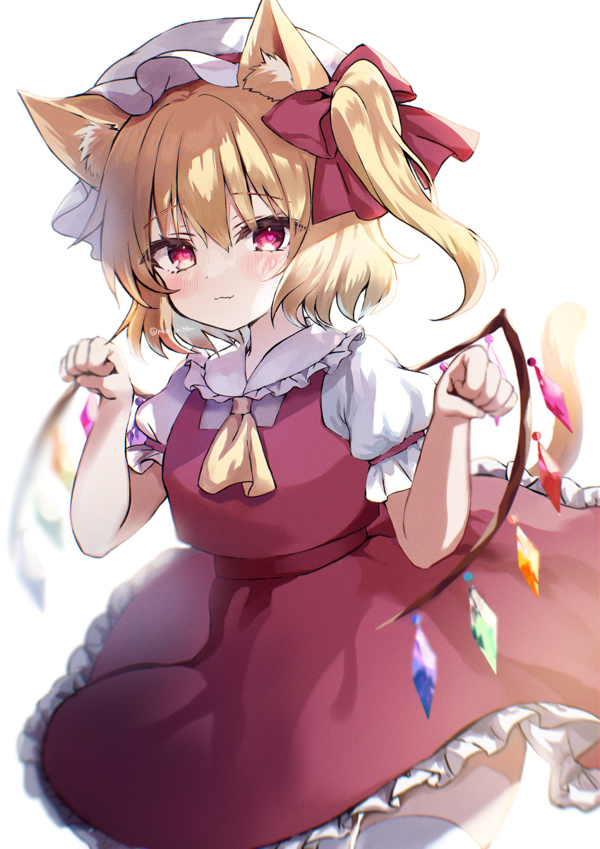 absurdres animal_ears ascot backlighting blonde_hair blurry blush bow cat_ears cat_tail closed_mouth commentary_request cowboy_shot crystal depth_of_field female flandre_scarlet frilled_shirt_collar frilled_skirt frilled_sleeves frills hair_between_eyes hairbow hat hat_ribbon highres honoka_chiffon kemonomimi_mode looking_at_viewer medium_hair mob_cap multicolored_wings paw_pose puffy_short_sleeves puffy_sleeves red_bow red_eyes red_ribbon red_skirt red_vest ribbon shirt short_sleeves side_ponytail simple_background skirt skirt_set solo tail thighhighs touhou vest white_background white_hat white_shirt white_thighhighs wings yellow_ascot yellow_tail