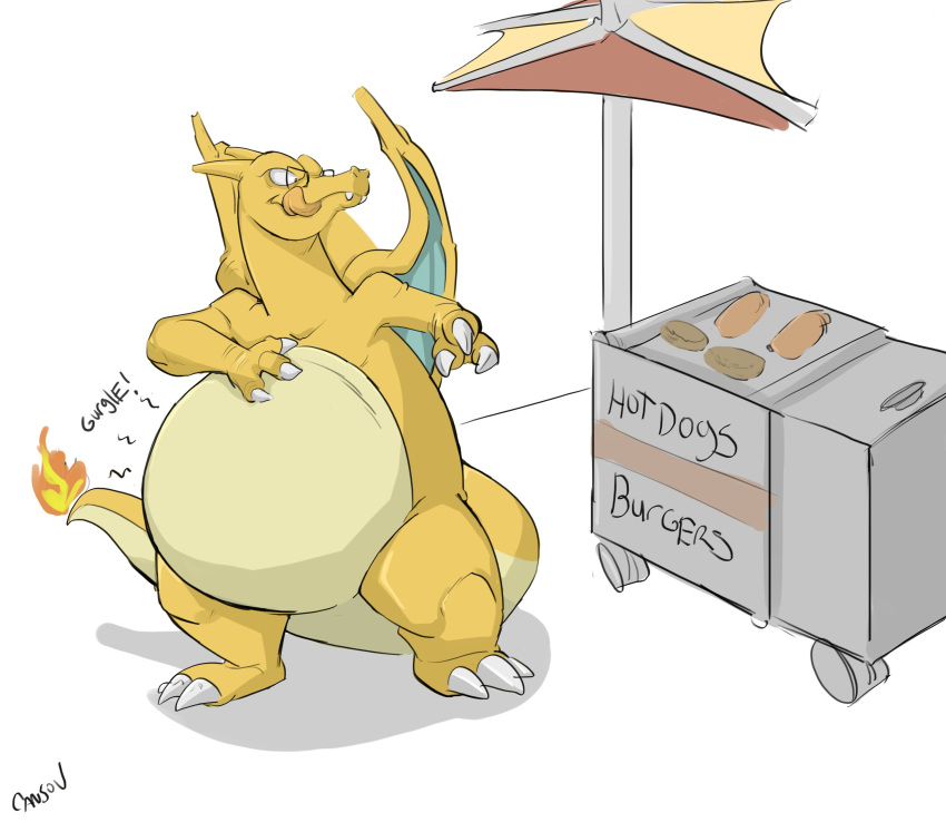 2020 3_fingers 3_toes absurd_res anthro belly big_belly biped bodily_noises burger canson cansonzard charizard claws countershade_tail countershade_torso countershading digital_media_(artwork) dragon english_text eyewear eyewear_only fangs feet finger_claws fingers fire flaming_tail food food_cart generation_1_pokemon glasses glasses_only hand_on_belly hi_res horn hot_dog hungry licking licking_lips licking_own_lips male membrane_(anatomy) membranous_wings multicolored_body multicolored_scales mythological_creature mythological_scalie mythology nintendo nude obese obese_anthro obese_male onomatopoeia orange_body orange_scales orange_skin overweight overweight_anthro overweight_male pink_tongue plantigrade pokemon pokemon_(species) reptile rumbling_stomach scales scalie self_lick shaded solo sound_effects standing tail tan_body tan_countershading tan_scales teeth text toe_claws toes tongue tongue_out umbrella vending_cart wearing_glasses white_claws wings