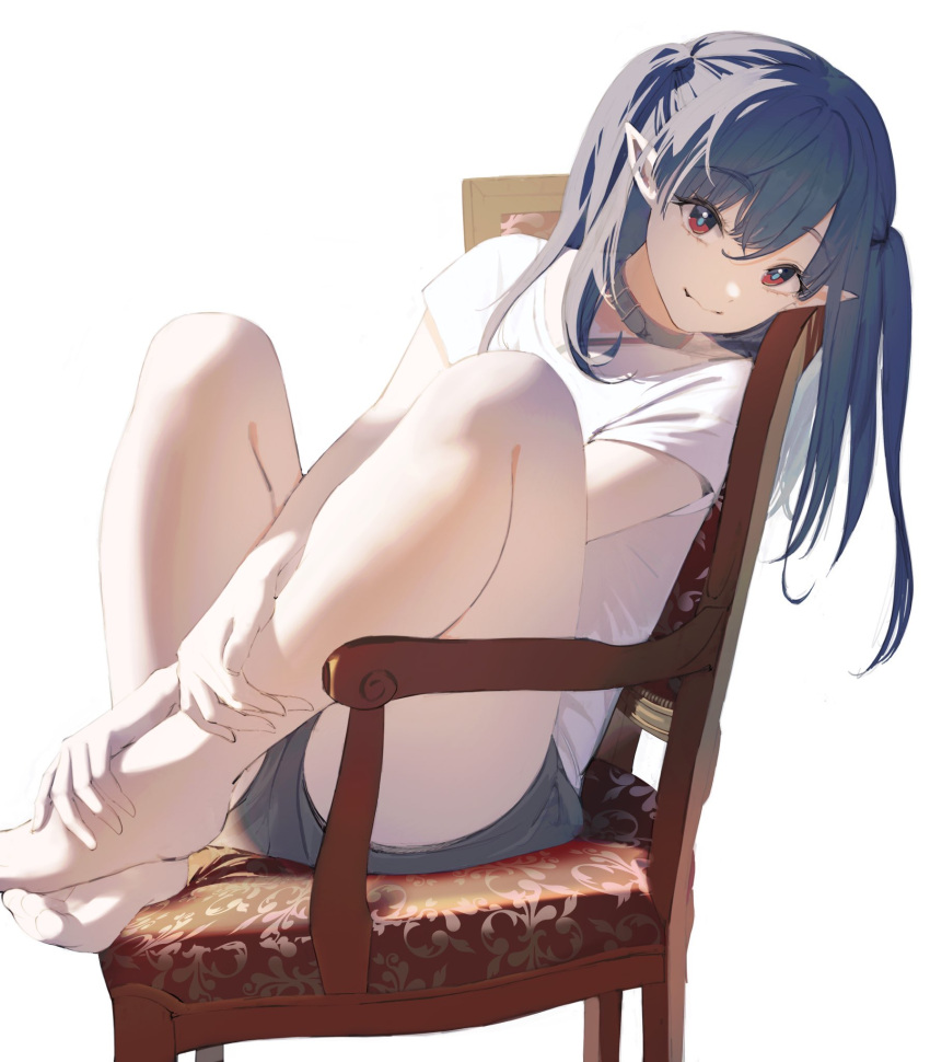 arknights barefoot black_collar black_hair chair closure_(arknights) collar feet female hands_on_feet highres knees_up long_hair looking_at_viewer nnicoinu pointy_ears red_eyes shirt simple_background sitting smile solo t-shirt thighs toes white_background white_shirt