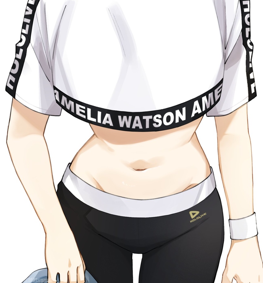 alternate_costume black_pants character_name clothes_writing commentary copyright_name crop_top crop_top_overhang cropped_shirt english_commentary english_text female highres hololive hololive_dance_practice_uniform hololive_english logo midriff mittsu navel official_alternate_costume pants shirt shirt_overhang solo stomach sweatpants t-shirt virtual_youtuber watson_amelia white_shirt workout_clothes yoga_pants