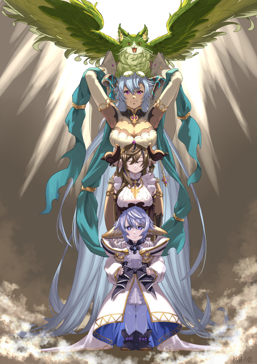 3girls absurdres animal_on_head blue_eyes blue_hair breasts brown_hair cat_on_head coat dark-skinned_female dark_skin detached_sleeves ewiyar_(granblue_fantasy) fediel_(granblue_fantasy) feline galleon_(granblue_fantasy) granblue_fantasy grey_hair hands_on_own_hips highres horns huge_breasts large_breasts long_hair multiple_girls oerba_yun_fang on_head pointy_ears purple_eyes smile symbol-shaped_pupils thighhighs tugeyakumo very_long_hair wamdus_(granblue_fantasy) white_coat