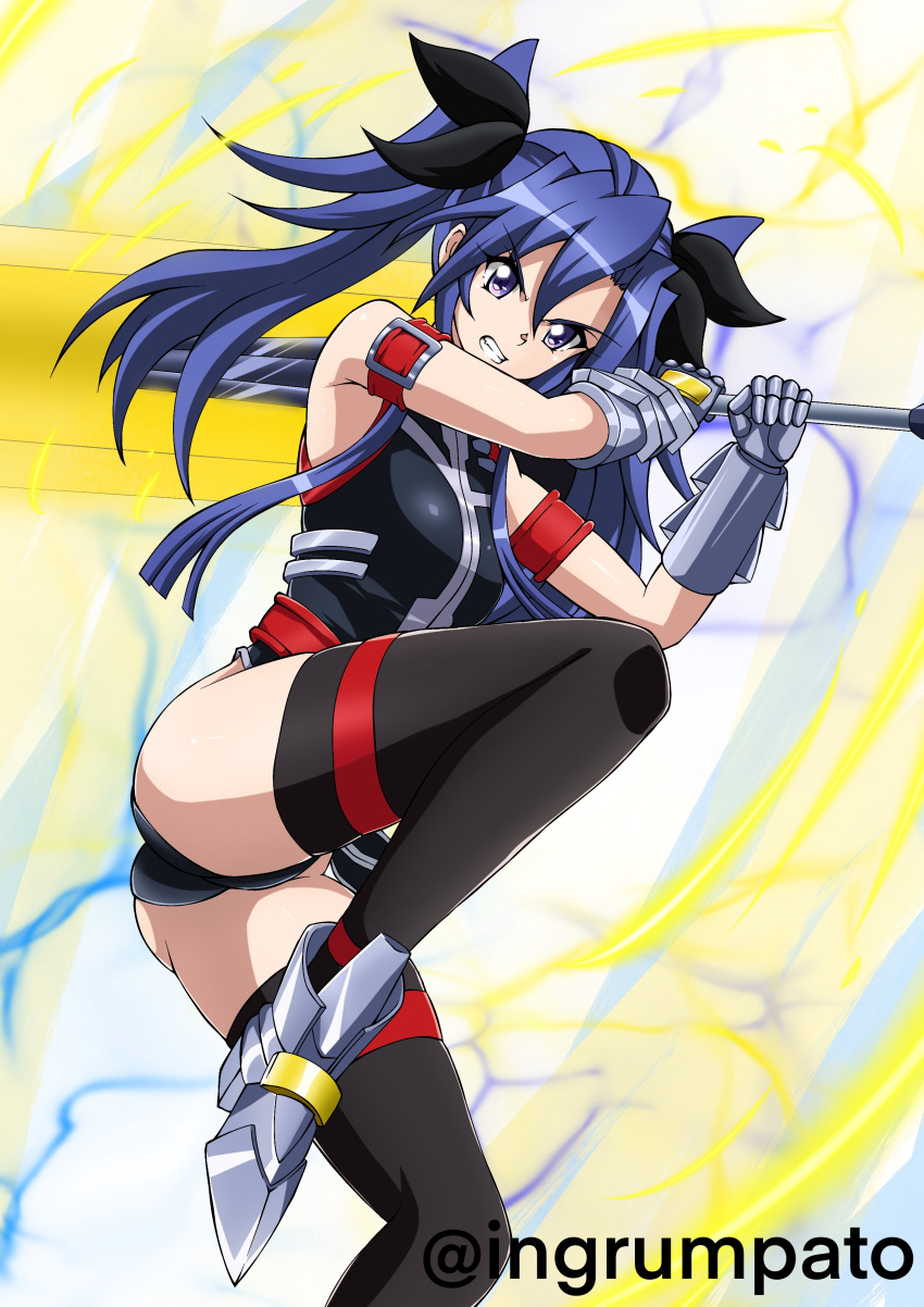 absurdres arm_belt armored_gloves armored_shoes ass bardiche_(nanoha) bardiche_(zanber_form)_(nanoha) black_leotard black_thighhighs blue_hair breasts commentary_request cosplay crossover fate_testarossa fate_testarossa_(cosplay) fate_testarossa_(true_sonic_form) female highres holding holding_sword holding_weapon kazanari_tsubasa kyomeihibiki leotard lightning long_hair lyrical_nanoha mahou_shoujo_lyrical_nanoha_strikers mizuki_nana purple_eyes senki_zesshou_symphogear serious sidelocks small_breasts solo sword thighhighs twintails voice_actor_connection weapon