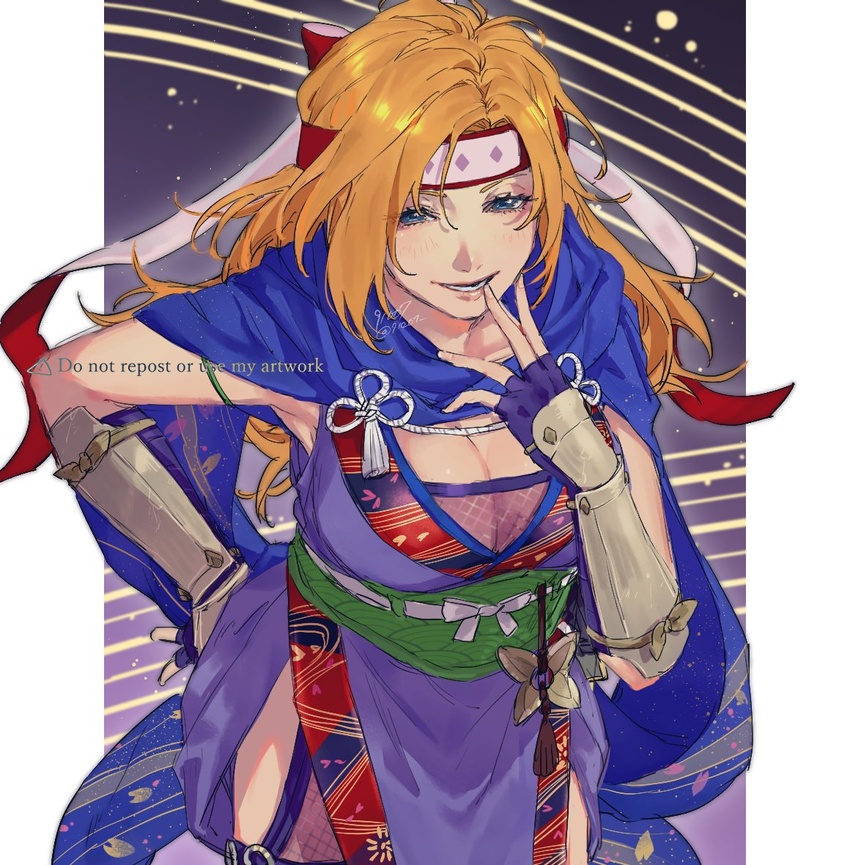 91007 arm_guards blonde_hair blue_eyes blue_scarf breasts cleavage female fire_emblem fire_emblem:_radiant_dawn fire_emblem_heroes hand_on_own_hip heather_(fire_emblem) heather_(ninja)_(fire_emblem) japanese_clothes large_breasts long_hair lower_teeth_only ninja official_alternate_costume scarf solo teeth