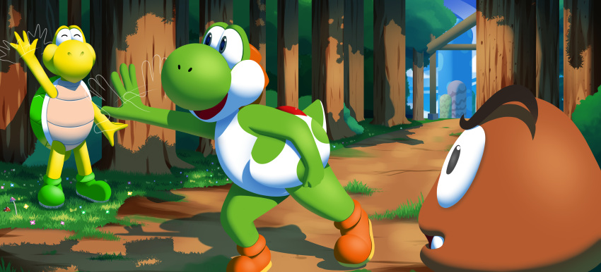 absurd_res ambiguous_gender artesderatzyu clothing detailed_background dinosaur egg extinct footwear forest gesture goomba grass green_body green_shell green_yoshi group hi_res holding_egg holding_object koopa koopa_troopa lineless mario_bros mushroom_kingdom nintendo path plant prehistoric_species reptile scalie scenery shaded shell shoes tree trio turtle walking waving white_body yellow_body yoshi yoshi_egg