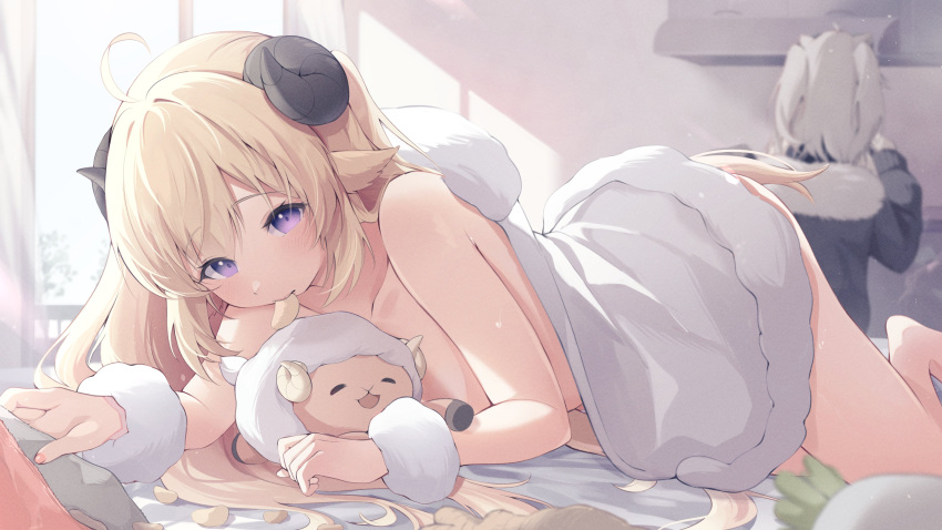 2girls absurdres ahoge animal_ears barefoot blonde_hair blush breasts chips_(food) cleavage dress eat_some_cookie food fur-trimmed_dress fur_trim grey_hair highres hololive horns large_breasts lion_ears lion_girl long_hair looking_at_viewer md5_mismatch multiple_girls panties potato_chips purple_eyes sheep_ears sheep_girl sheep_horns shishiro_botan shishiro_botan_(1st_costume) tsunomaki_watame tsunomaki_watame_(1st_costume) underwear virtual_youtuber watamate white_dress white_panties