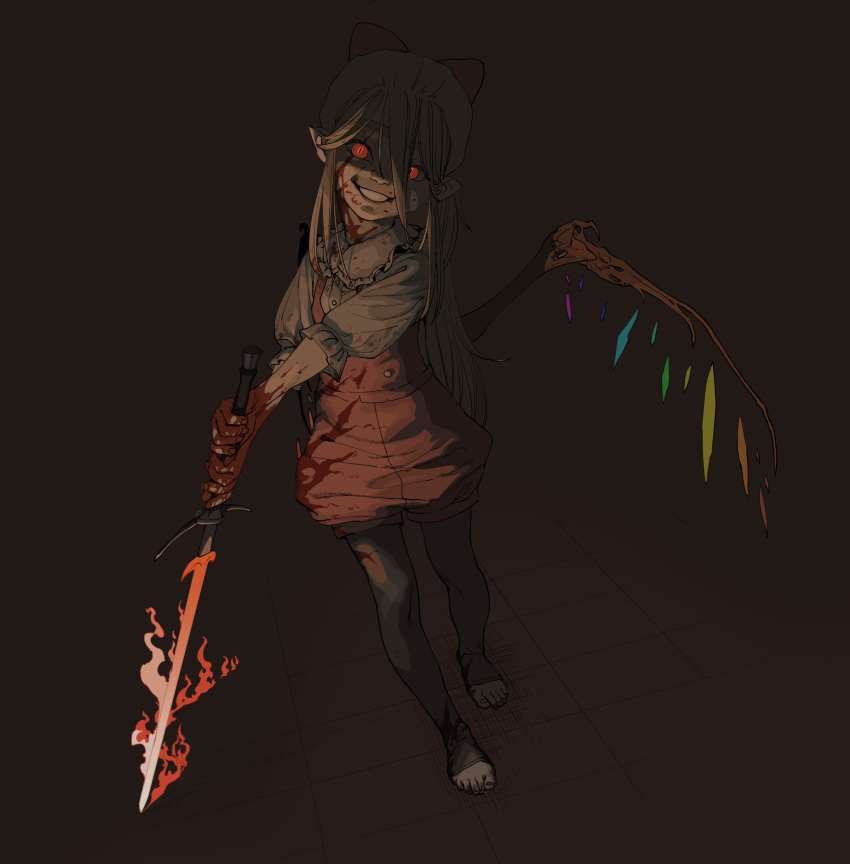 blonde_hair blood blood_on_clothes blood_on_face blood_on_hands blood_on_leg crazy_smile dark dragging female flaming_sword flaming_weapon flandre_scarlet highres holding holding_sword holding_weapon leggings long_hair looking_at_viewer puffy_sleeves red_eyes red_shirt ribbon sendai_(nazonomono) shirt shorts sleeves_past_elbows slit_pupils smile solo sword touhou weapon white_undershirt wings