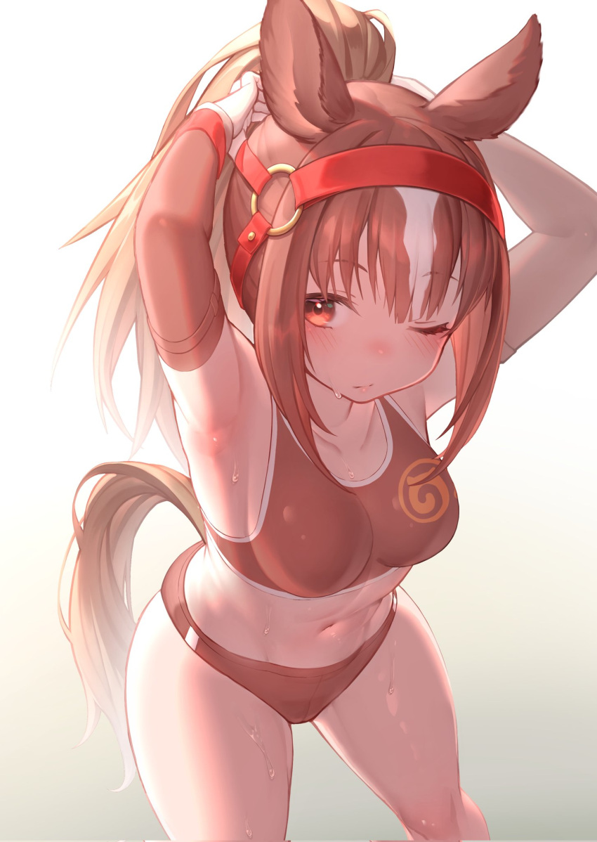 akuma_(st.takuma) animal_ears armpits bare_shoulders blush breasts brown_buruma brown_eyes brown_sleeves brown_sports_bra buruma chestnut_thoroughbred_(kemono_friends) cowboy_shot detached_sleeves female hair_between_eyes hands_in_hair headgear highres horse_ears horse_girl horse_tail kemono_friends legs_apart light_brown_hair midriff multicolored_hair navel one_eye_closed ponytail sidelocks solo sports_bra sportswear sweatdrop tail two-tone_hair white_hair