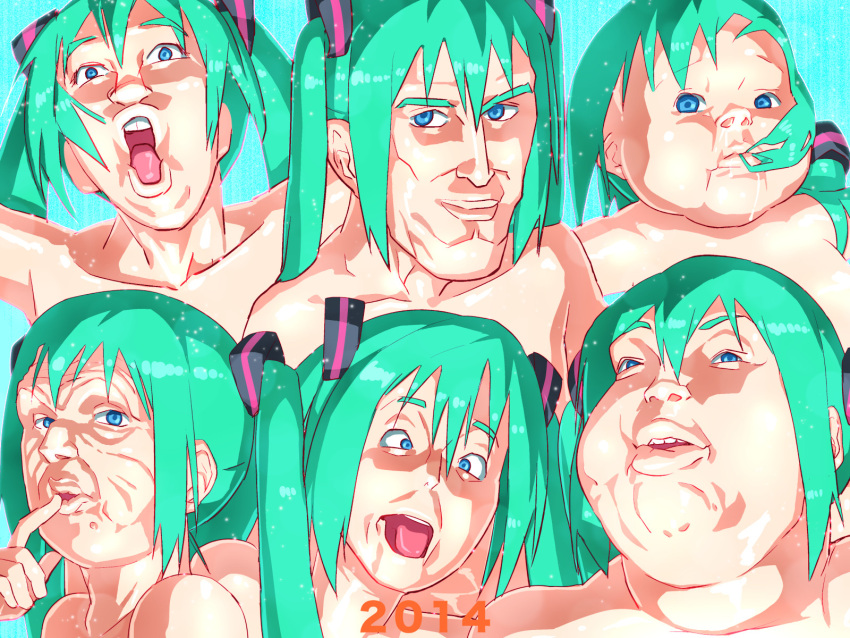 2014 blue_background blue_eyes blue_hair closed_mouth collarbone commentary_request cross-eyed expressions female finger_to_mouth hair_between_eyes hair_ornament hatsune_miku highres lips long_bangs looking_at_viewer man_face open_mouth otoi_rekomaru parody_request sidelocks teeth twintails upper_body upper_teeth_only vocaloid