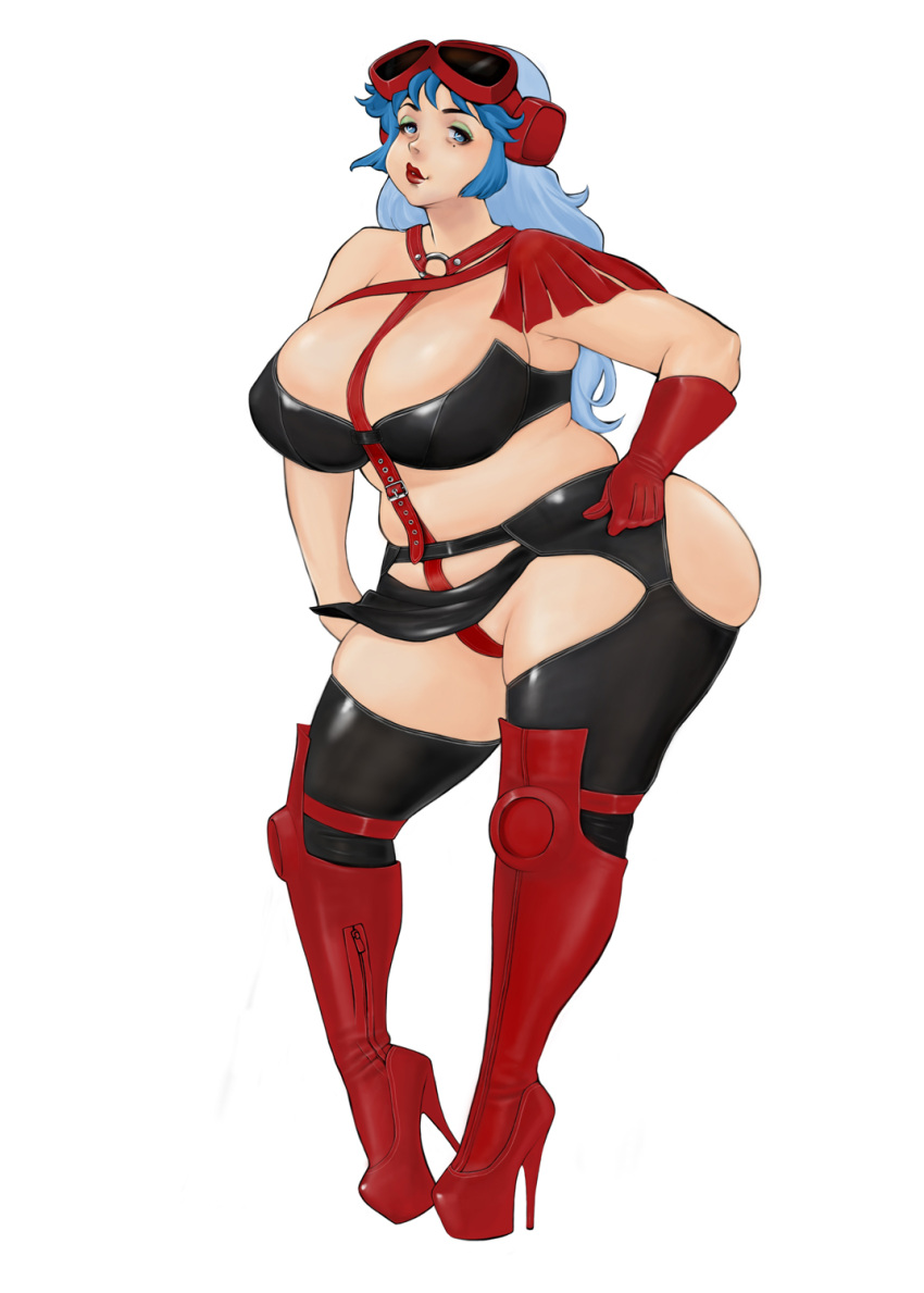 between_breasts black_bodysuit blue_eyes blue_eyeshadow blue_hair bodysuit boots breasts eyeshadow fat female full_body gloves goggles goggles_on_head greta_karas high_heel_boots high_heels highres komii large_breasts lipstick long_hair looking_at_viewer makeup mature_female mole mole_under_eye o-ring red_gloves sentou_mecha_xabungle sidelocks simple_background solo standing thick_thighs thighs white_background