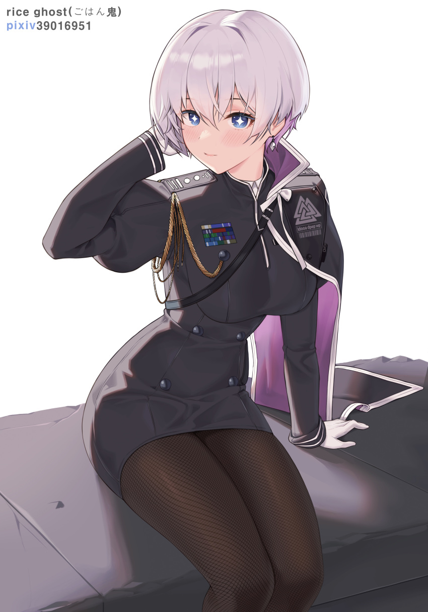 absurdres arm_behind_head artist_name backlighting black_cape black_pantyhose blue_eyes blush breasts cape female gloves goddess_of_victory:_nikke gohan_oni highres large_breasts legs_together liliweiss_(nikke) multicolored_hair pantyhose short_hair sitting solo uniform white_gloves