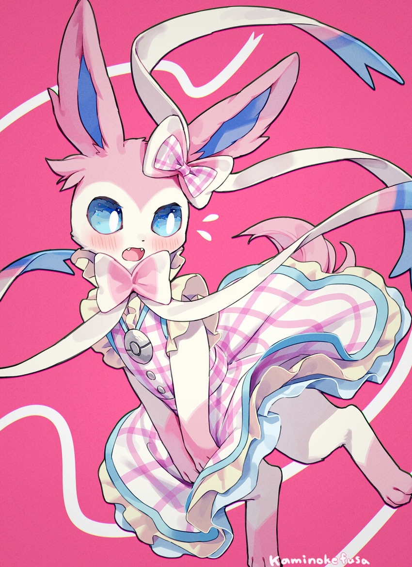 artist_name blue_eyes blush bow clothed_pokemon dress highres kaminokefusa looking_at_viewer no_humans official_alternate_costume open_mouth pink_background pink_bow pink_dress pokemon pokemon_(creature) pokemon_unite simple_background solo sylveon sylveon_(checkered)