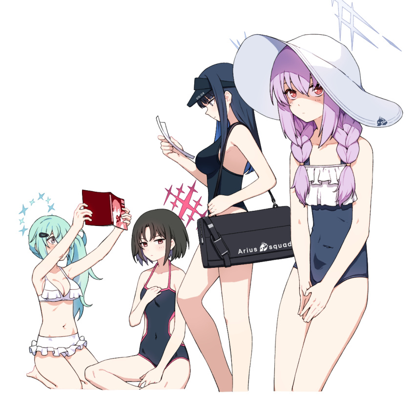 4girls arius_squad_(blue_archive) artpatient atsuko_(blue_archive) bare_arms bare_legs bare_shoulders barefoot bikini black_hair black_one-piece_swimsuit blue_archive blue_eyes blue_hair blue_halo blush book braid breasts cleavage closed_mouth colored_inner_hair english_commentary flat_chest frilled_bikini frilled_one-piece_swimsuit frills green_hair green_halo hair_between_eyes halo hat hiyori_(blue_archive) holding holding_book holding_paper large_breasts long_hair medium_breasts misaki_(blue_archive) multicolored_hair multiple_girls navel one-piece_swimsuit open_book paper pink_hair red_eyes red_halo saori_(blue_archive) short_hair side_ponytail simple_background small_breasts swimsuit twin_braids white_background white_bikini white_headwear