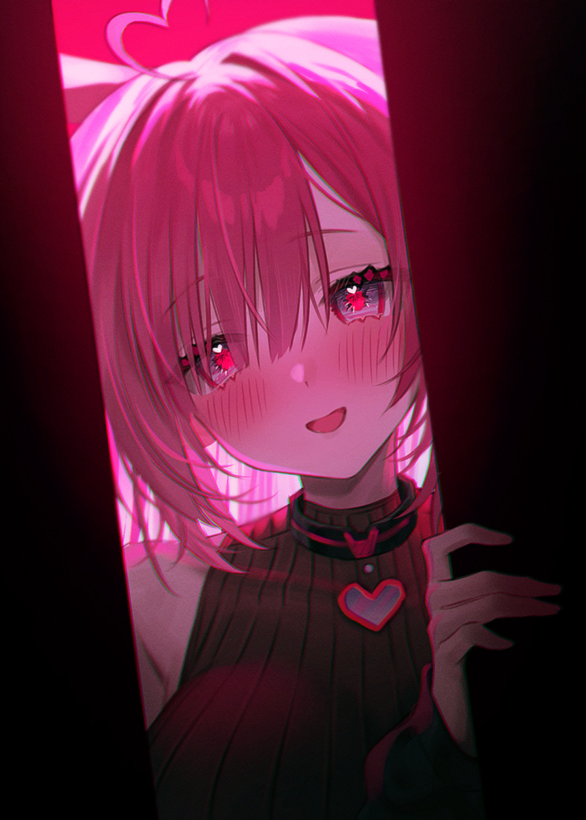 ahoge backlighting bare_shoulders black_choker black_shirt blush breasts bright_pupils choker chromatic_aberration commission female fymrie grey_eyes hair_between_eyes heart heart_ahoge highres large_breasts long_sleeves looking_at_viewer open_mouth original pink_hair ribbed_shirt shirt sleeveless sleeveless_shirt smile solo upper_body