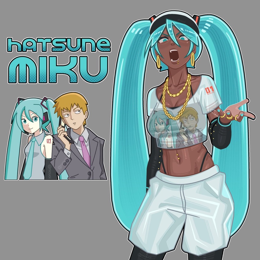 1boy ai-generated_art_(topic) alternate_skin_color aqua_eyes aqua_hair aqua_nails breasts character_name character_print commentary cropped_shirt dark-skinned_female dark_skin detached_sleeves detroit_miku earrings english_commentary female grey_background hat hatsune_miku highres hoop_earrings jewelry large_breasts light-skinned_palms lip_piercing long_hair looking_at_viewer midriff mob_psycho_100 navel_piercing necklace necktie nicuoi open_mouth piercing print_shirt reigen_arataka ring self_character_print shirt short_sleeves shorts simple_background standing twintails very_dark_skin very_long_hair vocaloid white_shorts