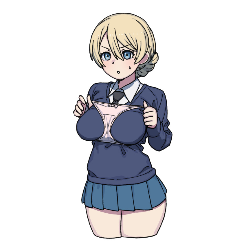 black_necktie blonde_hair blue_eyes blue_skirt blue_sweater bow bow_panties braid braided_bun breasts bright_pupils collared_shirt commentary cowboy_shot darjeeling_(girls_und_panzer) female girls_und_panzer hair_between_eyes hair_bun highres holding holding_clothes holding_panties holding_underwear large_breasts long_sleeves necktie onsen_tamago_(hs_egg) panties panties_over_clothes pink_panties pleated_skirt shirt short_hair sidelocks simple_background skirt solo standing sweatdrop sweater symbol-only_commentary thighs underwear v-shaped_eyebrows white_background white_pupils white_shirt