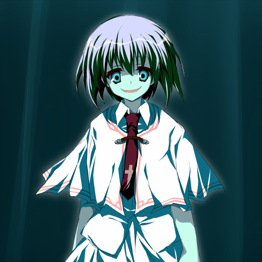 arms_at_sides asagi_nanami capelet collared_shirt colored_skin commentary_request crazy_eyes crazy_smile cross_print eyebrows_hidden_by_hair female glowing green_background green_eyes green_skin hair_between_eyes highres looking_at_viewer necktie open_mouth otonashi_ayana pink_hair red_necktie school_uniform shirt short_hair simple_background smile solo standing straight-on subarashiki_hibi upper_body white_capelet white_shirt