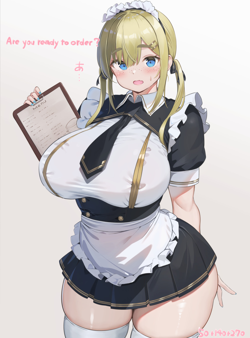 absurdres apron aymusk black_shirt black_skirt blonde_hair blue_eyes blush breasts collared_shirt english_text female freckles-chan_(aymusk) gradient_background hair_between_eyes hair_ribbon highres holding holding_menu huge_breasts looking_at_viewer maid maid_apron maid_headdress menu necktie oerba_yun_fang original ribbon shirt sidelocks skin_fang skirt smile solo standing thighhighs twintails two-tone_shirt white_shirt white_thighhighs zettai_ryouiki