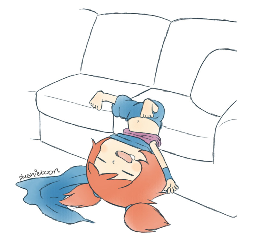 ana_(warioware) armband blue_armband blue_jumpsuit blue_pants blunt_bangs blush closed_eyes couch drooling english_commentary female highres jumpsuit long_hair lying messy_sleeper mixed-language_commentary mouth_drool ninja on_back open_mouth orange_hair pants pink_hair plushietoon purple_shirt scarf shirt signature sleeping smile solo warioware