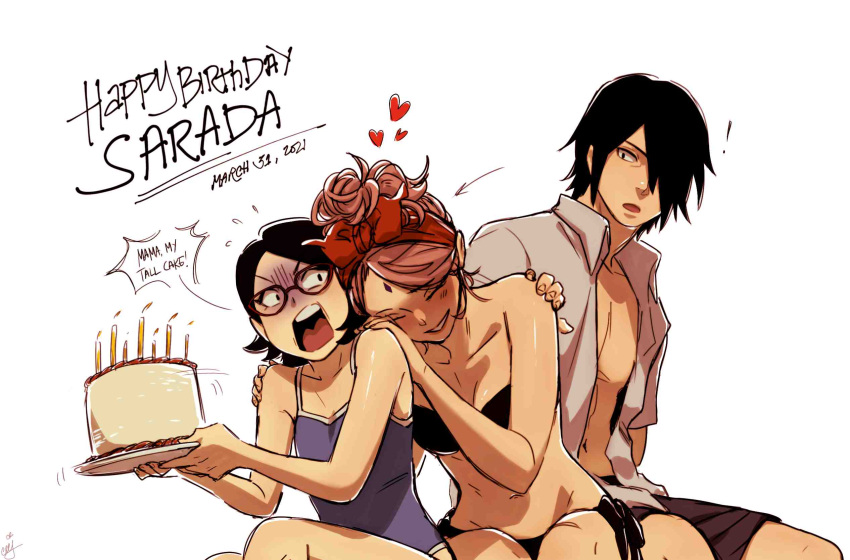 ! 1boy 2girls alternate_hairstyle amputee bare_pectorals bikini birthday_cake black_bikini black_hair black_shorts blue_one-piece_swimsuit boruto:_naruto_next_generations breasts cake candle ceejles cleavage commentary dated english_commentary english_text facial_mark family father_and_daughter food forehead_mark gloom_(expression) hair_over_one_eye hairband happy_birthday heart highres holding holding_cake holding_food husband_and_wife mother_and_daughter multiple_girls naruto_(series) one-piece_swimsuit open_clothes open_mouth open_shirt pectorals pink_hair red_hairband sakura_haruno short_hair shorts side-tie_bikini_bottom simple_background sitting small_breasts strapless strapless_bikini swimsuit uchiha_sarada uchiha_sasuke white_background