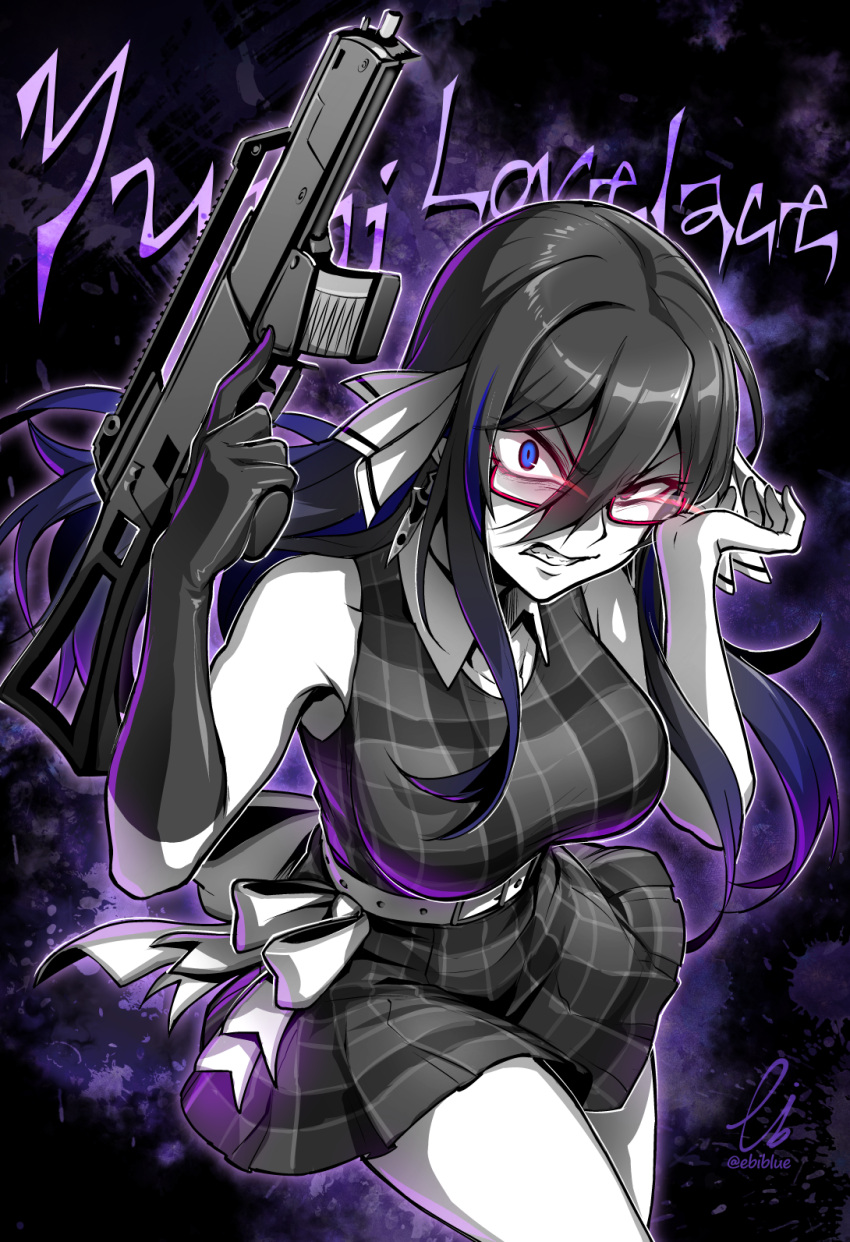 abstract_background angry bare_shoulders belt blue_eyes blue_hair breasts character_name clenched_teeth collared_dress commentary commission cowboy_shot dress earrings ebiblue female gesugao glasses gloves gun hair_ribbon highres holding holding_gun holding_weapon indie_virtual_youtuber jewelry large_breasts long_hair looking_at_viewer multicolored_hair plaid ribbon short_dress single_bare_arm single_glove skeb_commission solo streaked_hair teeth trigger_discipline virtual_youtuber weapon yumi_lovelace