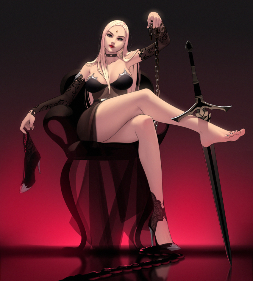 abbystea angelise_reiter black_choker black_dress blonde_hair breasts chains chair choker cleavage commentary crossed_legs detached_sleeves dress earrings female final_fantasy final_fantasy_xiv forehead_jewel from_below highres holding_shoe jewelry large_pectorals leg_up long_hair looking_at_viewer original pectorals red_background red_lips shoes single_earring single_shoe sitting sword warrior_of_light_(ff14) weapon