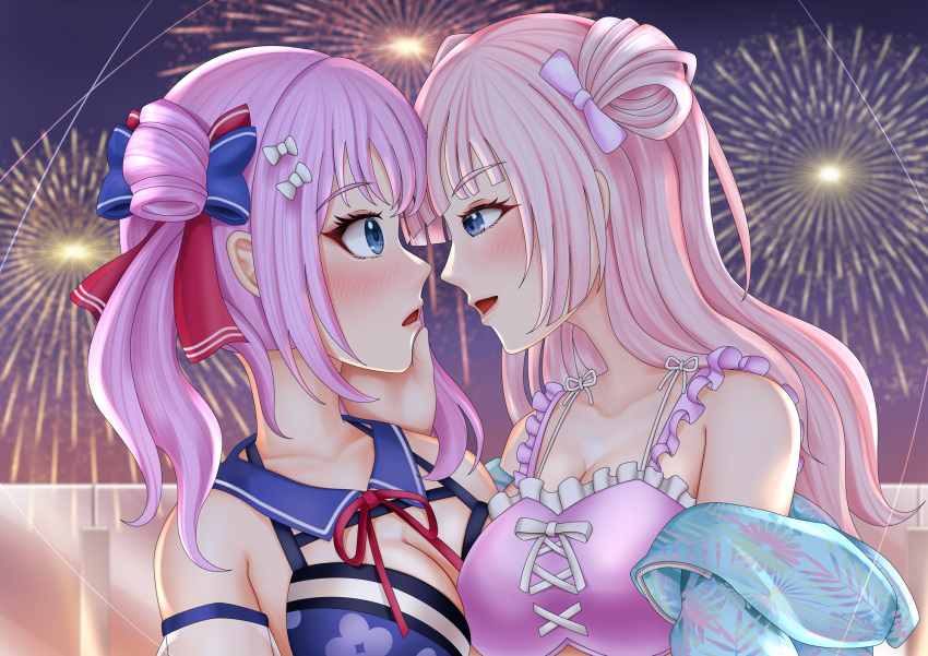 2girls aerial_fireworks arm_at_side arms_at_sides assault_lily asymmetrical_docking bare_shoulders bikini blue_bikini blue_bow blue_jacket blue_sailor_collar blurry blurry_background blush bow breast_press breasts cleavage collarbone commentary_request cross-laced_bikini cross-laced_clothes detached_sleeves double_bun eye_contact face-to-face fireworks floral_print frilled_bikini frills from_side hair_bun hairbow half-closed_eyes halterneck hand_on_another's_cheek hand_on_another's_face hand_up highres imai_tomohiro jacket large_breasts long_hair looking_at_another medium_hair multi-strapped_bikini_top multicolored_bow multiple_girls neck_ribbon night off_shoulder official_alternate_costume open_clothes open_jacket outdoors parted_lips pink_bikini pink_bow pink_hair print_bikini profile red_bow red_ribbon ribbon sadamori_himeka sailor_collar see-through see-through_sleeves smile swimsuit tanba_akari twintails upper_body white_bow yuri