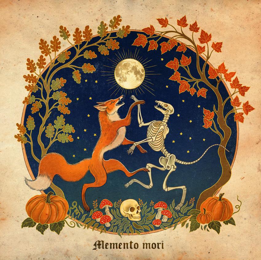 ambiguous_gender animated_skeleton autumn blackletter bone canid canine dancing duo feral food fox fruit full_moon fungus fur halloween hi_res holidays latin_text leaf mammal maquenda memento_mori moon mushroom night orange_body orange_fur plant pumpkin skeleton skull star text undead