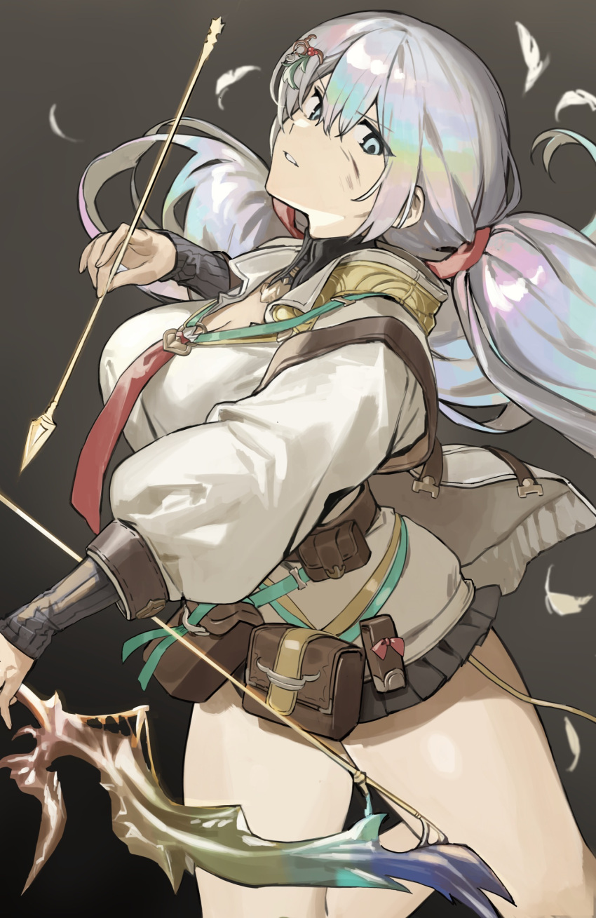 arrow_(projectile) belt belt_pouch black_background black_skirt blue_eyes bow_(weapon) breasts bruise cleavage commentary cupitan_(granblue_fantasy) detached_collar feathers female granblue_fantasy grey_hair hair_ornament hairclip hashibiro_kou_(garapiko_p) highres holding holding_arrow holding_bow_(weapon) holding_weapon injury jacket large_breasts long_hair long_sleeves looking_at_viewer low_twintails miniskirt open_clothes open_jacket open_mouth pouch shirt skirt sleeves_past_wrists solo twintails weapon white_jacket white_shirt