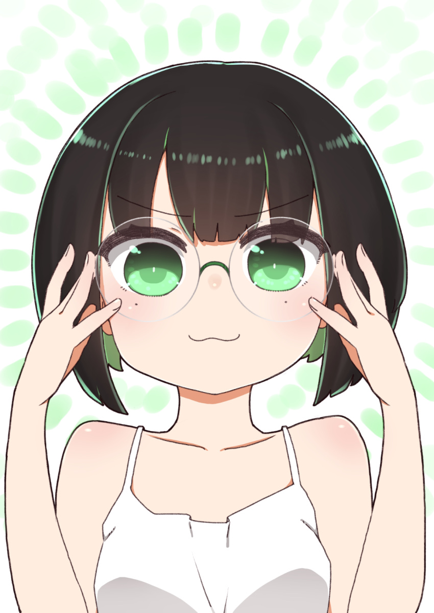 :3 allmind_(armored_core_6) armored_core armored_core_6 bare_arms bare_shoulders black_hair blush camisole closed_mouth collarbone female glasses green_eyes green_hair hands_up highres i.u.y looking_at_viewer mole mole_under_eye multicolored_hair personification round_eyewear smile solo two-tone_hair upper_body white_camisole