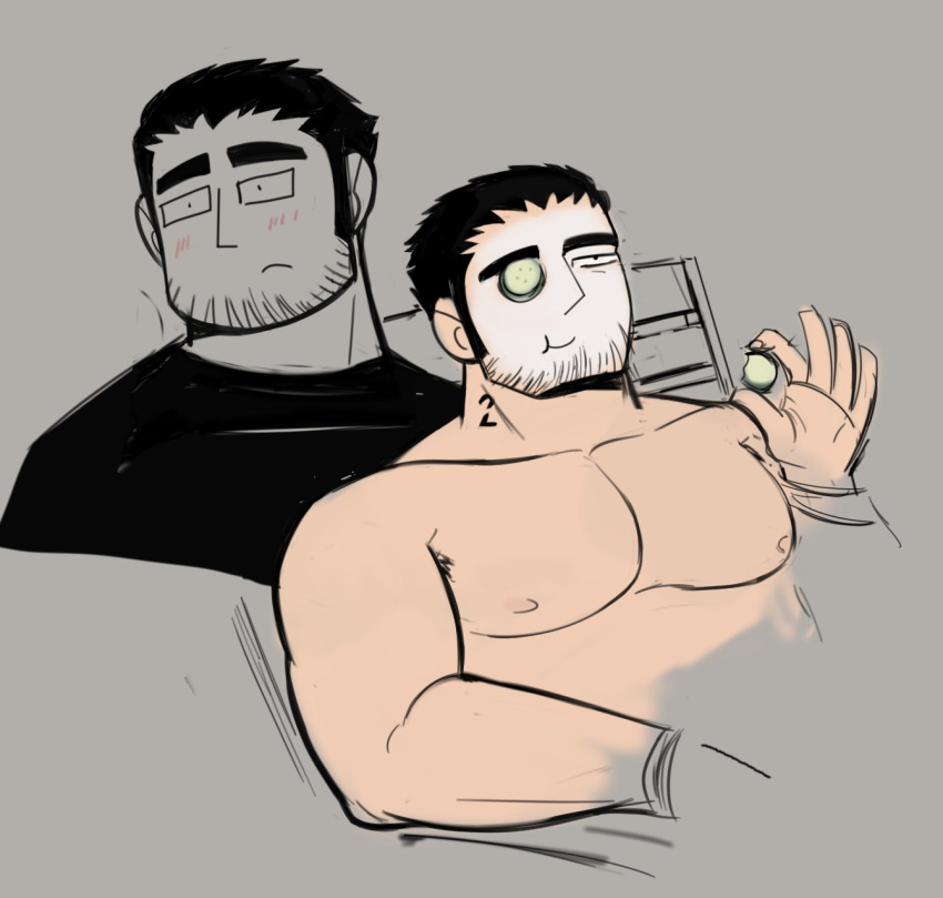 1boy armpit_hair armpit_hair_peek bara beard_stubble black_hair cropped_torso cucumber cucumber_on_face cucumber_slice doodle_inset dots_(dotssu) eating facial_hair highres huge_eyebrows large_pectorals leaning_back light_blush looking_to_the_side lucas_lee male_focus muscular muscular_male nipples nude pectorals relaxing scott_pilgrim_(series) scott_pilgrim_takes_off shirt short_hair sideways_mouth skincare smile stubble t-shirt