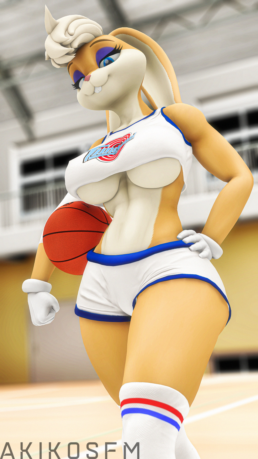 3d_(artwork) 4k 9:16 absurd_res akikosfm anthro ball basketball basketball_(ball) basketball_uniform blonde_hair blue_eyes bottomwear breasts buckteeth clothing digital_media_(artwork) eyelashes female footwear gloves gymnasium hair hand_on_hip handwear hi_res inside lagomorph leporid lola_bunny looking_at_viewer looney_tunes mammal nipple_outline rabbit shorts socks solo source_filmmaker_(artwork) space_jam sportswear teeth tune_squad_outfit tune_squad_outfit_(1996) under_boob uniform warfare_lola warfare_machine warner_brothers