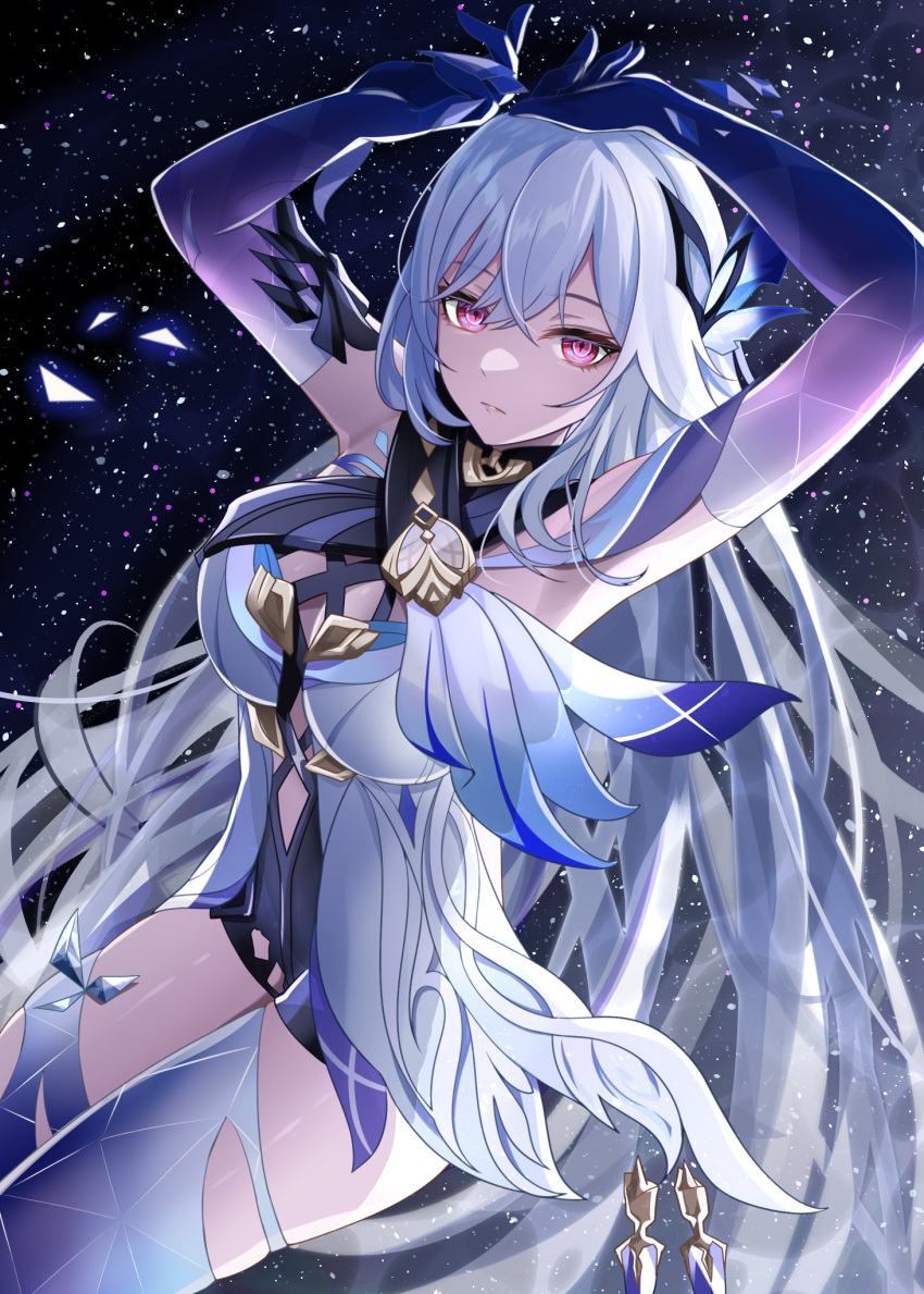 arms_up bare_shoulders breasts commentary_request elbow_gloves female genshin_impact gloves grey_hair highres long_hair looking_at_viewer medium_breasts mon-chan pink_eyes skirk_(genshin_impact) solo thighs very_long_hair