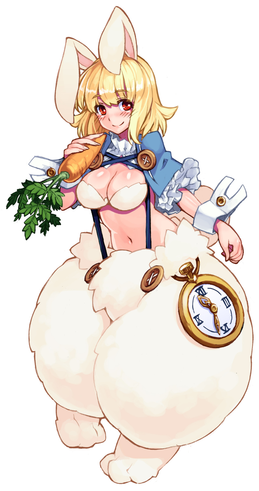 absurdres animal_ears blonde_hair blush breasts carrot chains cleavage clock enty_reward female full_body highres kenkou_cross large_breasts looking_at_viewer monster_girl monster_girl_encyclopedia official_art paid_reward rabbit_ears rabbit_girl rabbit_tail red_eyes short_hair simple_background solo tail wererabbit_(monster_girl_encyclopedia) white_background