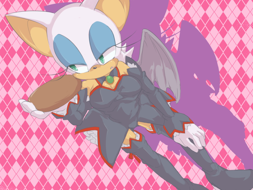 4:3 anthro bat black_clothing black_dress boots breasts cleavage clothed clothing dress eyelashes eyeshadow female footwear fur gloves green_eyes half-closed_eyes handwear holding_object lipstick makeup mammal membrane_(anatomy) membranous_wings narrowed_eyes nashi_(intothe_bluesky) pattern_background pink_background rouge_the_bat sega simple_background solo sonic_the_hedgehog_(series) standing white_body white_fur wings