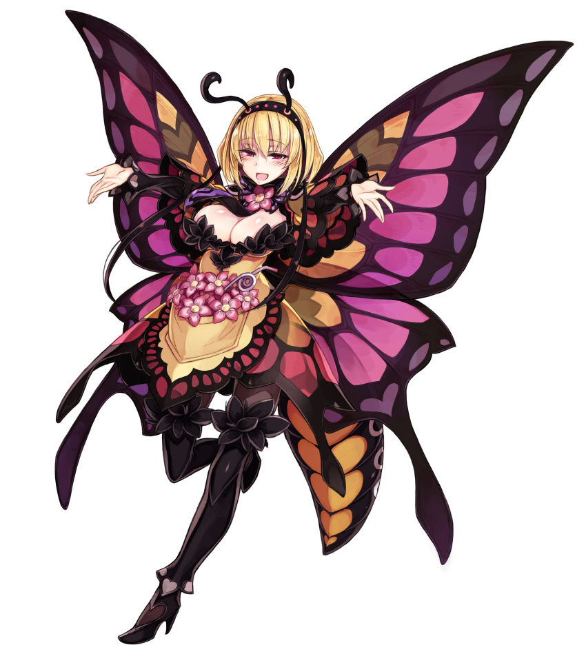 :d absurdres antennae arthropod_girl blonde_hair boots breasts butterfly_girl butterfly_wings drinking_straw enty_reward female flower full_body hairband high_heel_boots high_heels highres insect_wings kenkou_cross large_breasts looking_at_viewer monster_girl monster_girl_encyclopedia official_art open_mouth outstretched_arms paid_reward papillon_(monster_girl_encyclopedia) photoshop_(medium) pink_wings red_eyes short_hair simple_background smile solo spread_arms thigh_boots thighhighs white_background wings