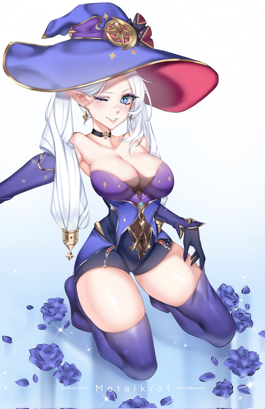 artist_name bare_shoulders black_gloves black_shorts blue_eyes blue_flower blue_hat blue_rose blue_thighhighs breasts cleavage collarbone cosplay detached_sleeves english_commentary female flower genshin_impact gloves hair_behind_ear hat highres indie_virtual_youtuber kneeling long_pointy_ears looking_to_the_side medium_breasts metalkrot mona_(genshin_impact) mona_(genshin_impact)_(cosplay) mona_(pact_of_stars_and_moon)_(genshin_impact) one_eye_closed pointy_ears rose scar scar_on_face scar_on_nose shorts smile solo sparkle strapless thighhighs thighhighs_pull valentina_chisei virtual_youtuber white_hair witch_hat