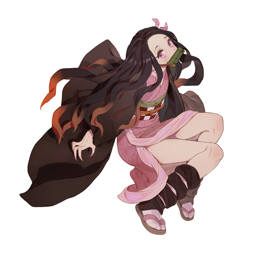 bamboo bit_gag black_hair commentary female full_body gag gagged gradient_hair gwayo hair_ribbon japanese_clothes kamado_nezuko kimetsu_no_yaiba kimono long_hair long_sleeves looking_at_viewer multicolored_hair obi orange_hair pink_eyes ribbon sandals sash simple_background solo thighs two-tone_hair wavy_hair white_background wide_sleeves