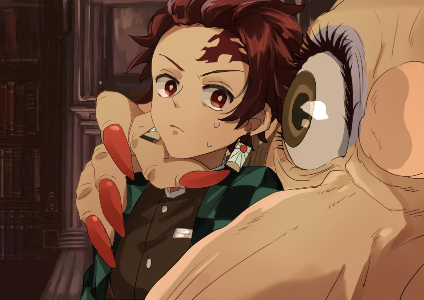 1boy arm_around_shoulder bookshelf brown_eyes brown_hair checkered_clothes checkered_kimono commentary_request crossover demon_slayer_uniform derivative_work earrings eyeshadow female fingernails hair_slicked_back hanafuda highres indoors japanese_clothes jewelry kamado_tanjirou kimetsu_no_yaiba kimono looking_at_another makeup red_eyes red_nails scar scar_on_face sen_to_chihiro_no_kamikakushi sharp_fingernails short_hair sweatdrop uniform upper_body yubaba yukasa_(yu_sa18)