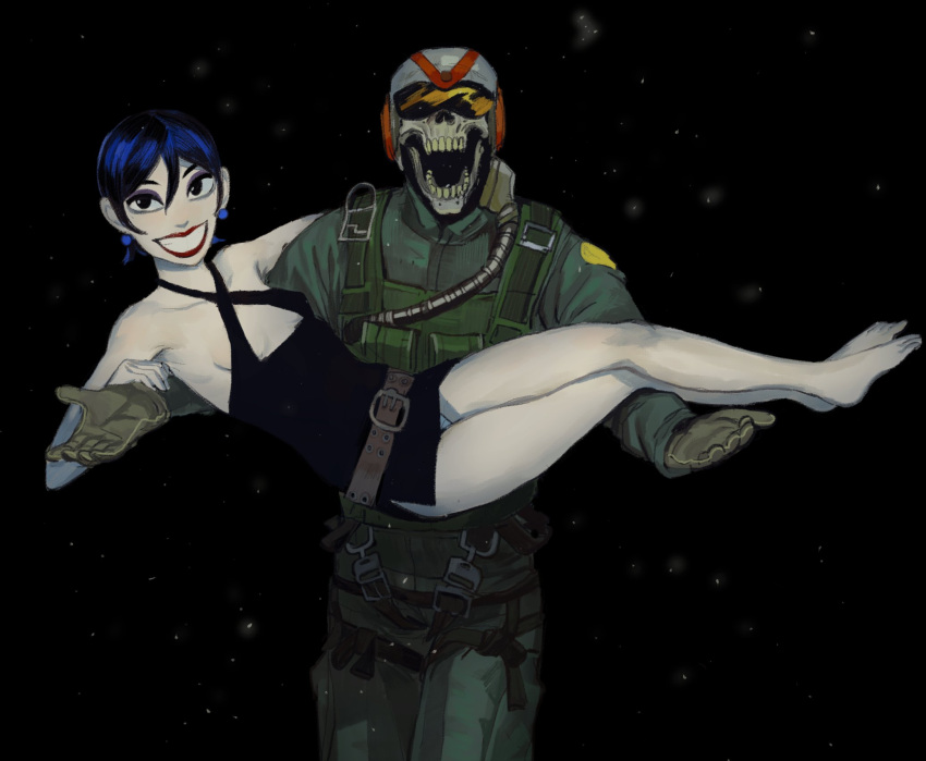 1boy bare_arms bare_shoulders belt black_background black_dress black_eyes blue_hair breasts brown_belt carrying dress earrings female gloves green_jacket green_pants grin hair_between_eyes helmet highres jacket jewelry lady_death_(pearl_jam) lipstick looking_at_viewer makeup military military_uniform mossacannibalis outstretched_arms pale_skin pants pearl_jam princess_carry red_lips short_dress short_hair skull small_breasts smile soldier spread_arms uniform vest