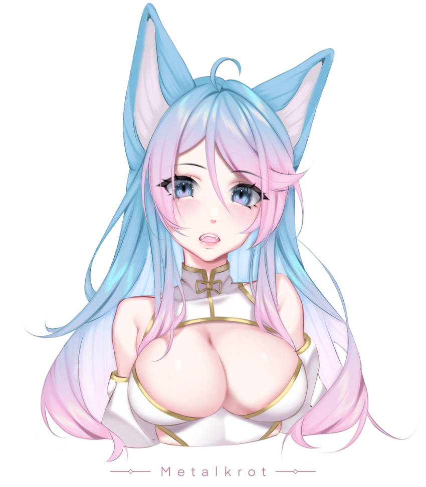 animal_ears artist_name blue_eyes blue_hair blush breasts cleavage cleavage_cutout clothing_cutout cowlick cropped_torso detached_sleeves dress english_commentary female gradient_hair hair_between_eyes highres indie_virtual_youtuber large_breasts looking_at_viewer metalkrot multicolored_hair open_mouth pink_hair portrait silvervale simple_background solo virtual_youtuber waist_cutout white_background white_dress wolf_ears wolf_girl