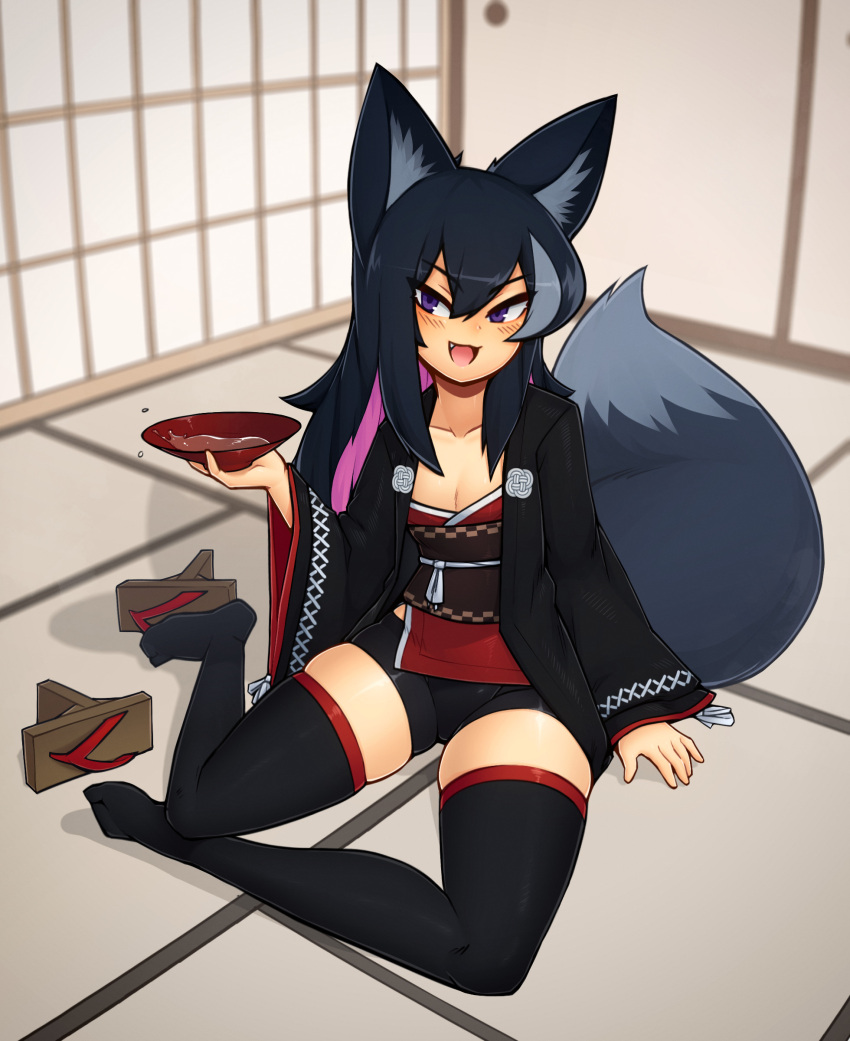 absurdres animal_ears bangs black_hair black_jacket black_legwear black_shorts blurry blurry_background blush breasts cleavage collarbone colored_inner_hair copyright_request cup d-floe female fox_ears fox_girl fox_tail full_body fusuma geta hair_between_eyes hand_up highres holding holding_cup indoors jacket japanese_clothes long_hair long_sleeves looking_at_viewer multicolored_hair oerba_yun_fang on_floor open_clothes open_jacket open_mouth pink_hair purple_eyes red_shirt sakazuki sandals sandals_removed shirt short_shorts shorts shouji sitting skindentation sliding_doors small_breasts smile solo tail tatami tengu-geta thighhighs tsurime v-shaped_eyebrows wide_sleeves yokozuwari