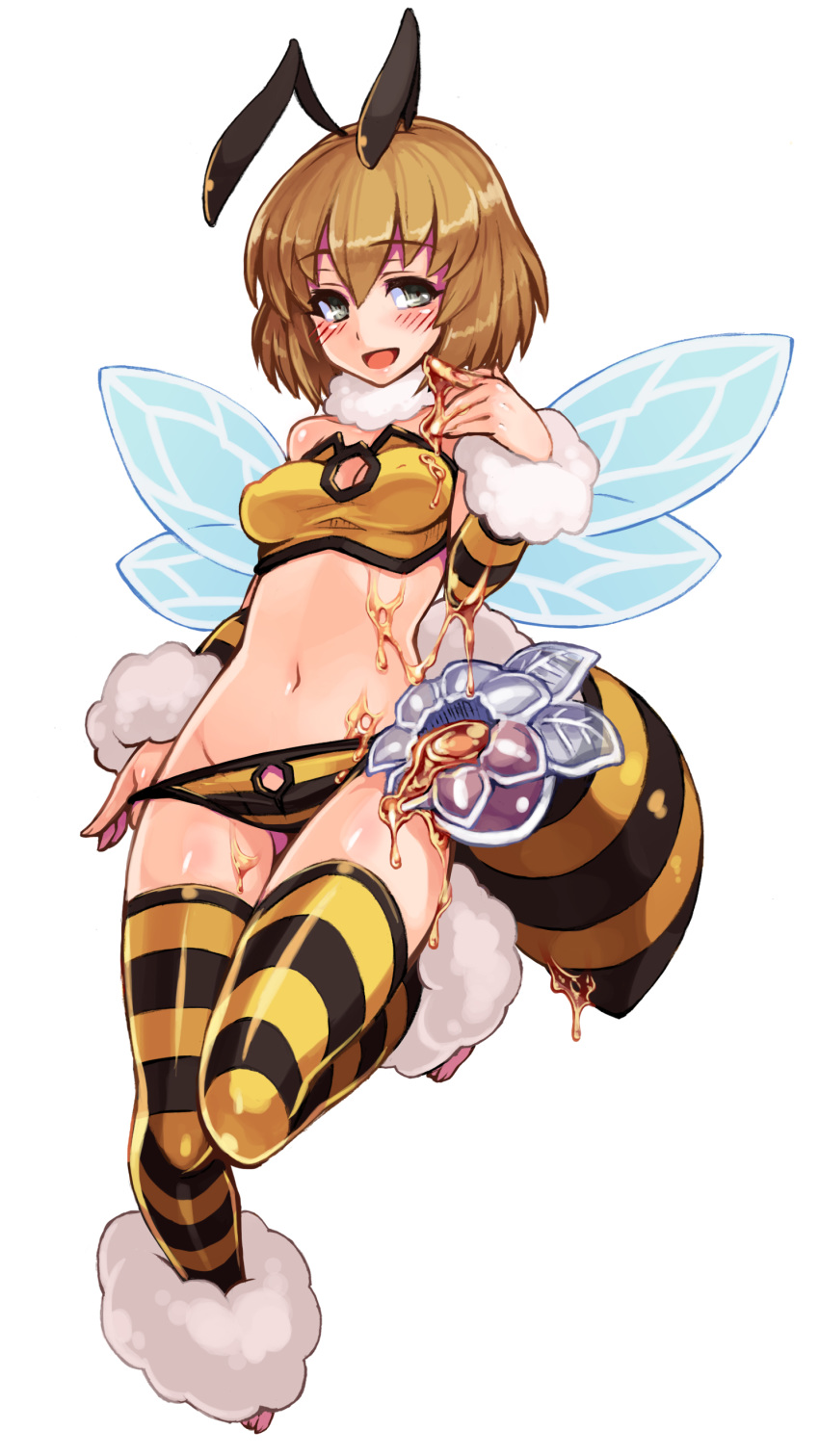 :d absurdres antennae arthropod_girl bee_girl blush brown_hair covered_nipples enty_reward female full_body grey_eyes highres honey honey_bee_(monster_girl_encyclopedia) kenkou_cross looking_at_viewer monster_girl monster_girl_encyclopedia navel official_art open_mouth paid_reward panties panty_pull short_hair simple_background smile solo standing standing_on_one_leg striped_clothes striped_panties striped_thighhighs thighhighs underwear white_background wristband