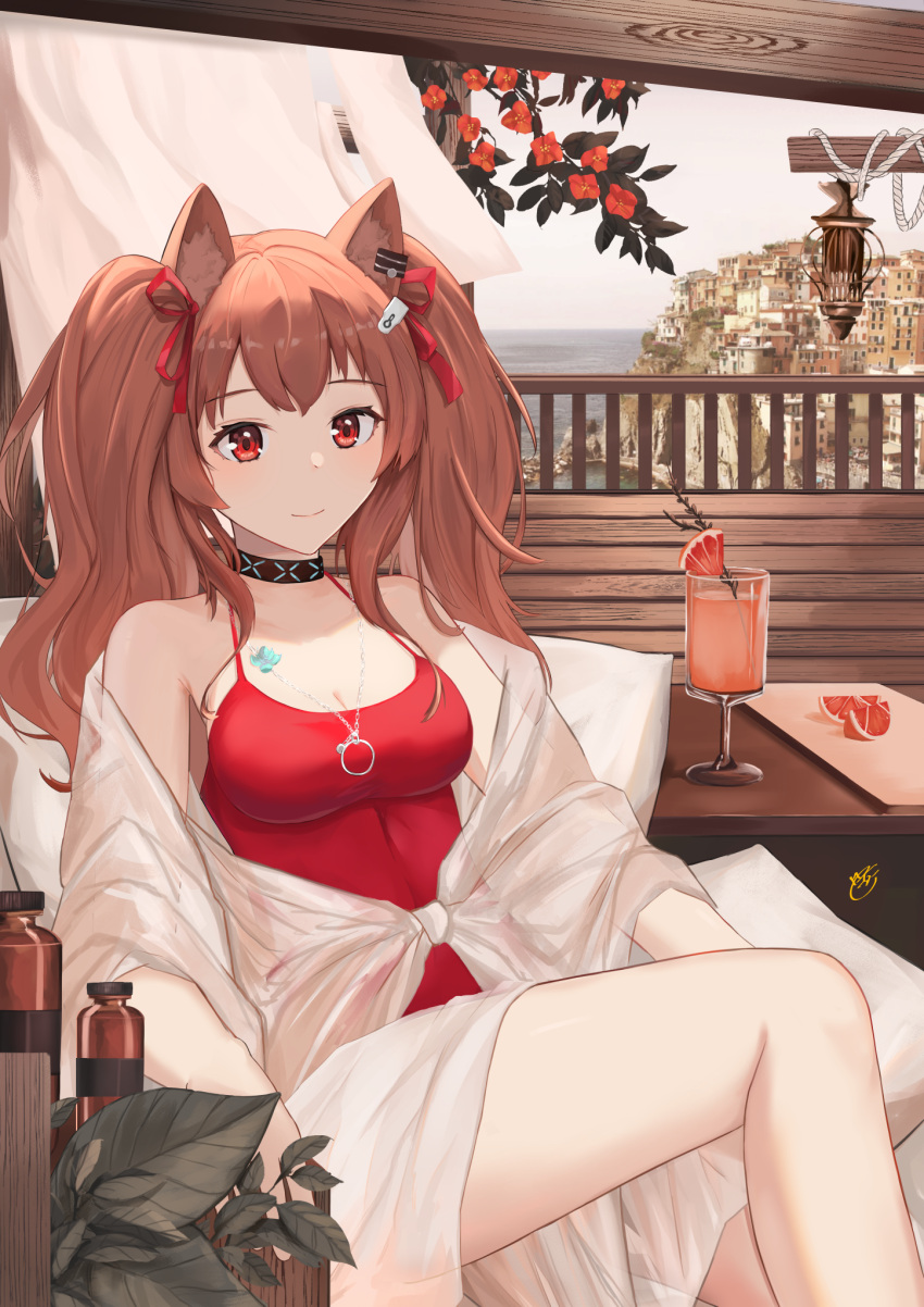 angelina_(arknights) angelina_(summer_flower)_(arknights) animal_ear_fluff animal_ears arknights beam black_collar breasts brown_hair casual_one-piece_swimsuit city cleavage collar commentary drink earpiece feet_out_of_frame female food fox_ears fruit hair_ribbon highres infection_monitor_(arknights) italian_commentary jewelry keaworks looking_at_viewer medium_breasts necklace official_alternate_costume one-piece_swimsuit outdoors red_eyes red_one-piece_swimsuit red_ribbon ribbon sitting smile solo swimsuit swimsuit_cover-up twintails