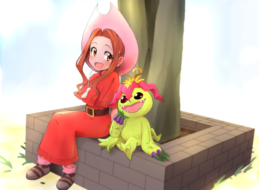 belt blush boots brown_eyes brown_hair digimon digimon_(creature) digimon_adventure dress female gloves long_dress marukakisuto palmon red_dress sitting smile tachikawa_mimi tree