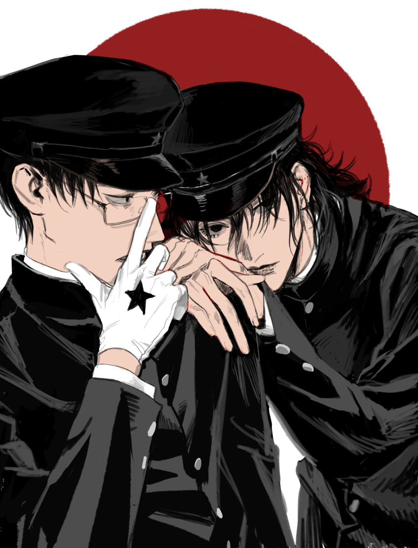 2boys absurdres adjusting_eyewear black_eyes black_hair black_lips commentary gakuseibou gloves hat highres jaibo litchi_hikari_club looking_at_viewer male_focus multiple_boys school_uniform short_hair symbol-only_commentary white_gloves xt1125cj zera_(litchi_hikari_club)