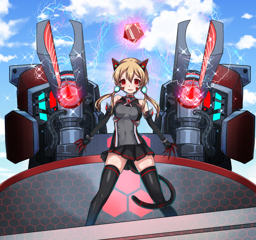 animal_ears bare_shoulders black_gloves black_skirt black_thighhighs blonde_hair blue_sky blush breasts cat_ears cat_girl cat_tail clawed_gauntlets cloud commentary_request corruption covered_navel cyber_(cyber_knight) day elbow_gloves electricity fake_animal_ears fake_tail female gloves highres kantai_collection long_hair looking_at_viewer medium_breasts microskirt military military_uniform neuroi open_mouth outdoors prinz_eugen_(kancolle) red_eyes skirt sky smile solo tail thighhighs twintails uniform world_witches_series