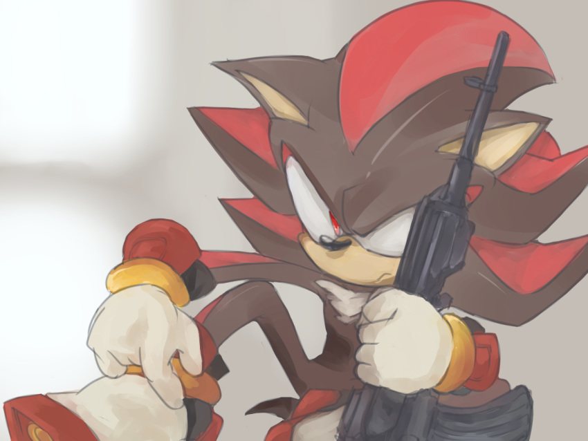 4:3 anthro biped black_body black_fur clothing eulipotyphlan footwear frown fur gloves grey_background gun handwear hedgehog holding_gun holding_object holding_ranged_weapon holding_weapon looking_aside male mammal nashi_(intothe_bluesky) ranged_weapon red_body red_eyes red_fur rifle sega shadow_the_hedgehog shoes simple_background sitting solo sonic_the_hedgehog_(series) weapon