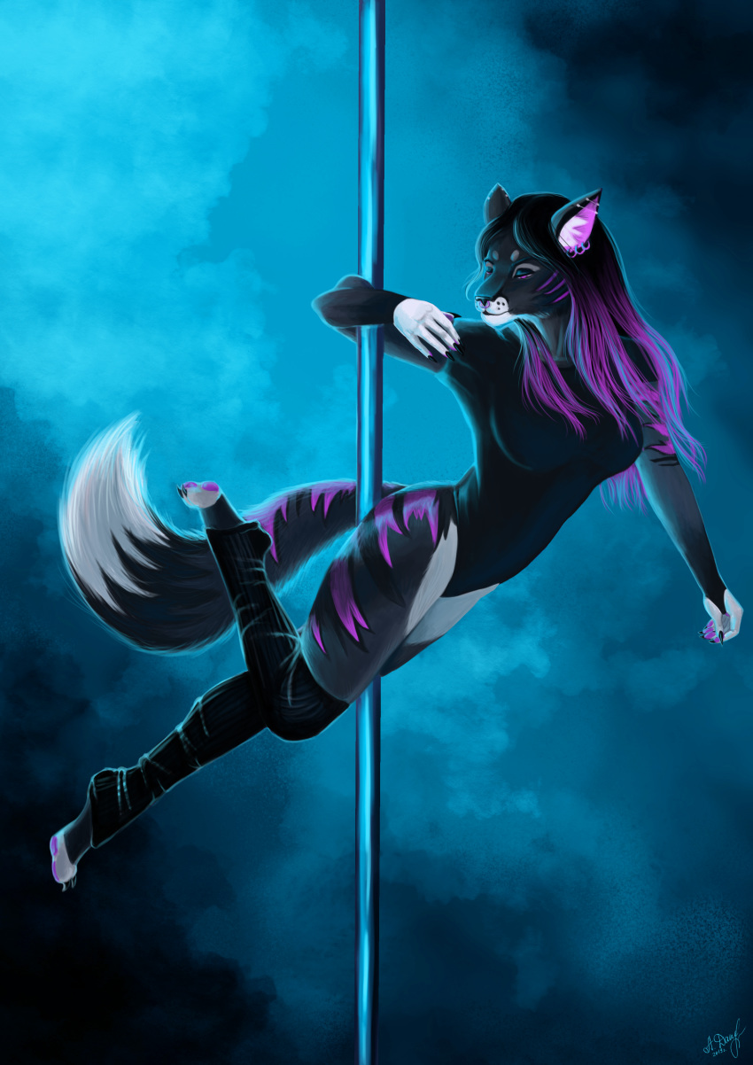 absurd_res alexandradane anthro dancing domestic_cat felid feline felis female hair hi_res mammal piercing pole pole_dancing purple_hair