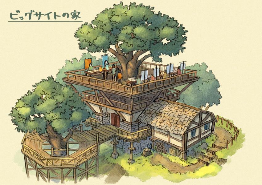 absurdres commentary_request day deck_(architecture) fantasy highres original outdoors poppo_sutchy queue scenery stairs tokyo_big_sight translated tree tree_stump